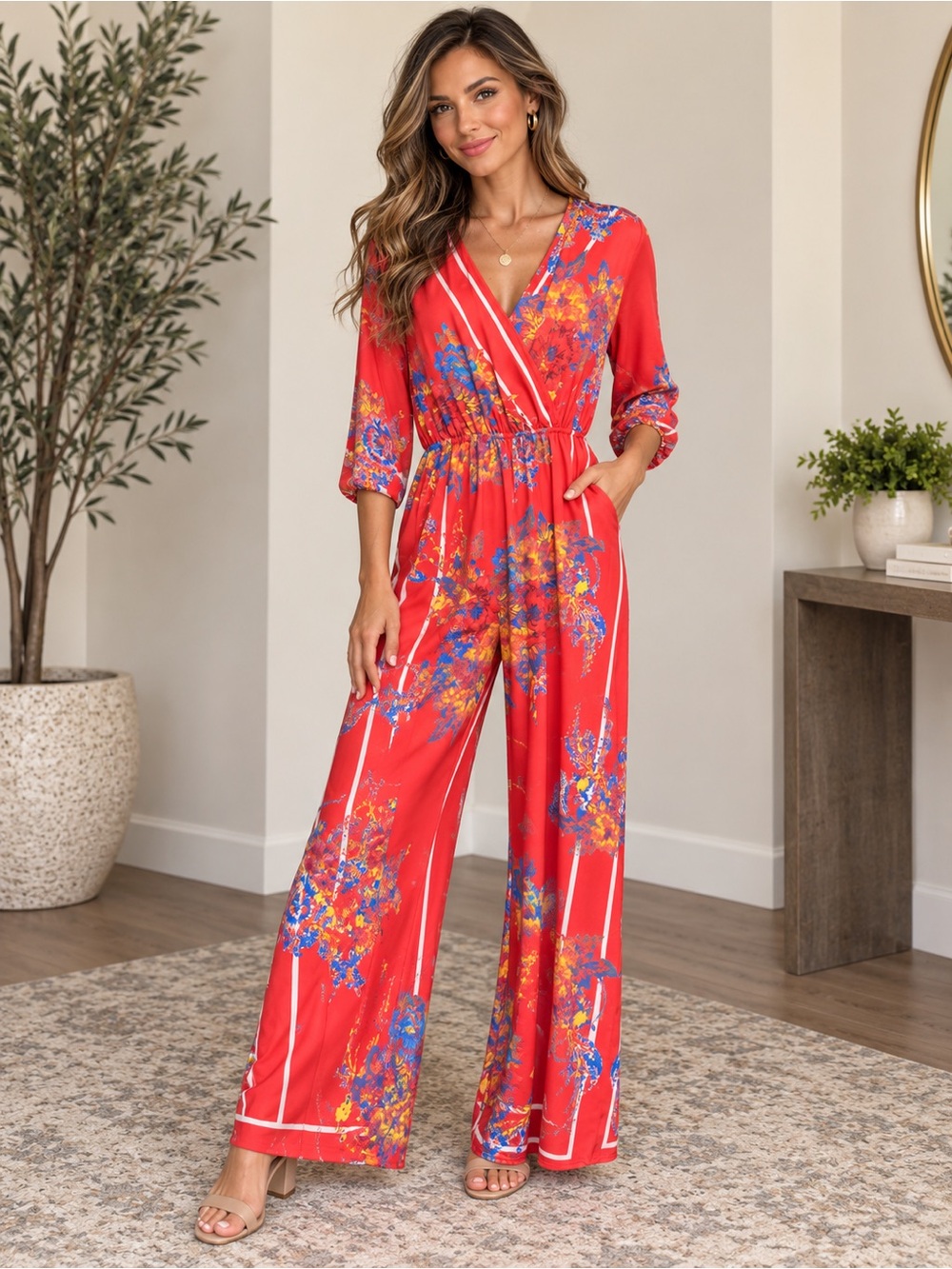 Flying Tomato Red Floral Wrap Jumpsuit with Blue & Yellow Accents